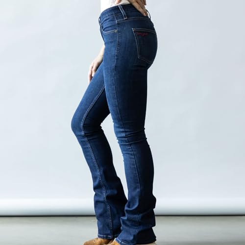 Kimes Ranch Women's Chloe Casual Western Mid-Rise Fitted Thigh & Flare Bootcut Blue Dark Wash Tri-Blend Denim Jeans4