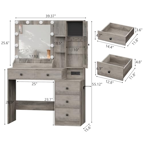 Image of HUANLEGO Vanity Desk with Mirror and Lights, Grey Makeup Vanity Set with 5 Drawers, Jewelry Organizer& LED Glass Cabinet, 3 Light Mode Dressing Table for Girls, Vanities Mirror with Lights Desk