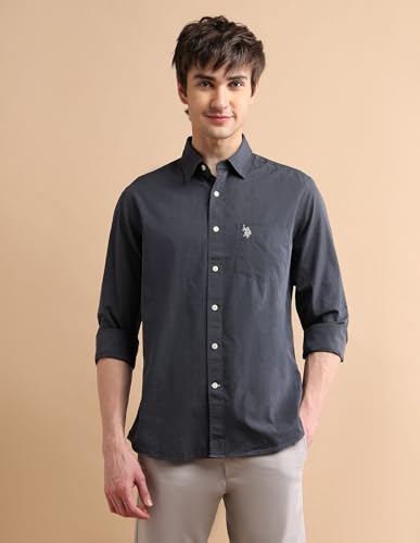Image of U.S. Polo ASSN. Solid Regular Fit Shirts for Men - 100% Cotton, Full Sleeve Mens Casual Shirts