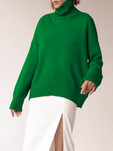 Image of YKR Women's Turtleneck Sweater Chunky Long Sleeve Knitted Pullover High Low Hem Sweater Jumper Top Green XL