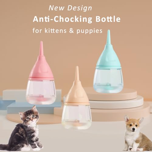 Kitten Bottle Feeding Kit for Nursing, Kitten Milk Bottles for Feeding Puppies Newborn Pets Water, Anti-chocking Design 3pc Replaceable Reusable Nipples, 40ML Puppy Bottles for Nursing Small Animals