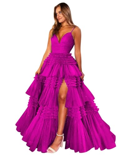 Tiered Glitter Tulle Prom Dresses for Women Princess Ball Gown Long Formal Evening Dress with Slit