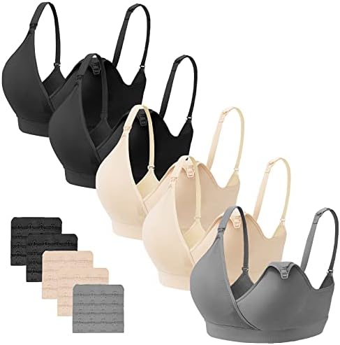 Gailife 5PACK V Neck Nursing Bras Seamless Maternity Bras with Extra Bra Extenders for Sleep Breastfeeding - M,2Black/2Nude/1Gray