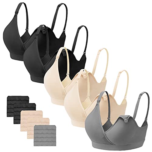 Gailife 5Pack V Neck Nursing Bras Seamless Maternity Bras With Extra Bra Extenders For Sleep Breastfeeding - M,2Black/2Nude/1Gray #TOP1