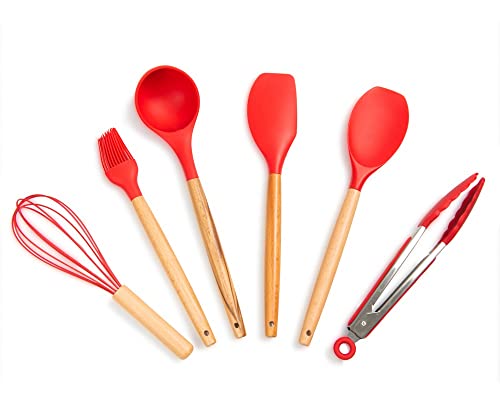 Kit Utensílios Cozinha Silicone Cabo Madeira 7 pçs VERMELHO