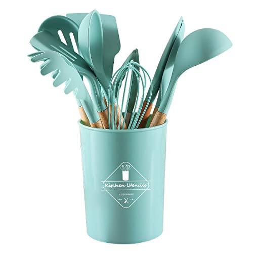 Karangred 12Pcs Silicone Cooking Kitchen Utensils Set with Holder,Wooden Handles Cooking Tool,BPA Free,Non Toxic Turner Tongs Spatula Spoon Kitchen Gadgets Set for Nonstick Cookware (Green) - Image 4