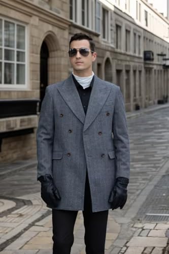 Image of Men's Herringbone Wool Blend Khaki Trench Coat Peaked Collar Long Jacket Overcoat Double Breasted Pea Coat wih Pockets XL