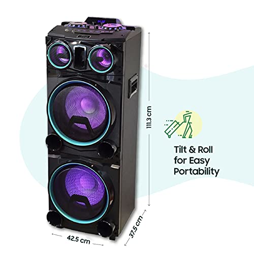 Image of Croma Explode 1400W Party Speaker, Party Lights, Horn Tweeters, Bass Booster Function, Inputs: Bluetooth, FM, USB-A, SD Card, Wired Microphone, Guitar Input, Aux-in, Recording Function, Echo Function, 5 EQ Modes, Wheels for Portability (CREY3027, Black)