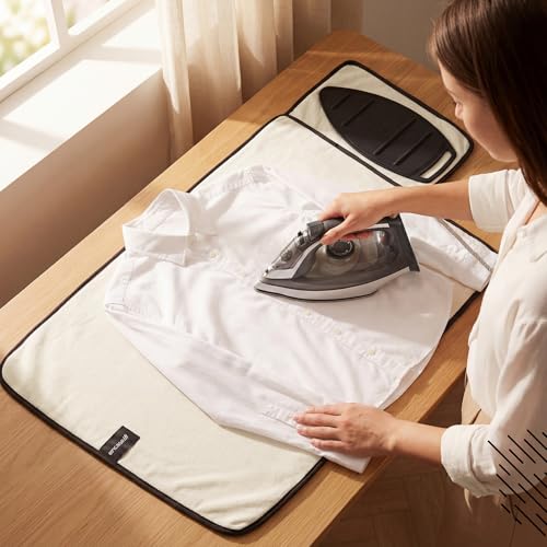 Image of Encasa XO Ironing Mat /Pad (Small 70x50 cm) with Padding, Anti-Slip, Silicone Iron Rest for Steam Press on Tabletop or Bed - Heat Resistant, Portable Travel Friendly - Natural