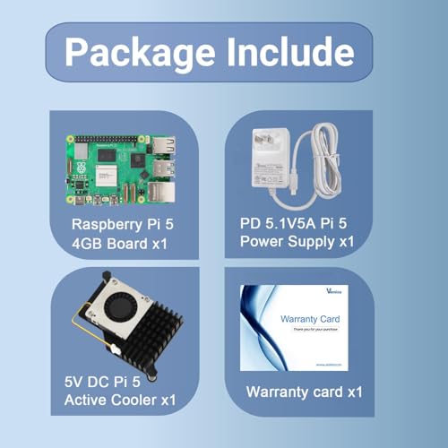 Image of Vemico Raspberry Pi 5 Kit 4GB RAM with Active Cooler, Pi 5 27W 5.1V5A PD Type-C Power Supply, Raspberry Pi 5 4GB Single Board and Warranty Card Included