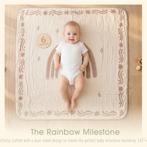 Image of Ultra Soft Muslin Baby Blanket - Made with Organic Cotton, Reversible Rainbow Print & Coffee Striped Jacquard, Swaddle & Crib Quilt, 43x43 Inches (Rainbow Border)