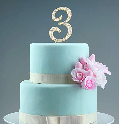 Sparkly Rhinestones Number 3 Cake Topper, Birthday Wedding Anniversary Gold Number 3 #TOP6