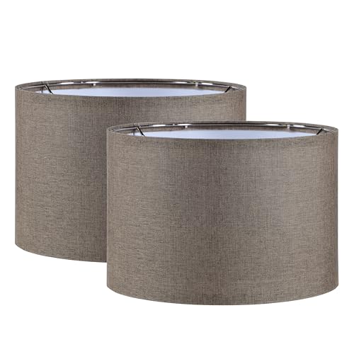 Aspen Creative 38303-2, K/D Hardback Drum Contemporary Collapsible Spider Shade, 12" Top x 12" Bottom x 8" Height, Iron Linen Fabric With Black Trim, Set of 2