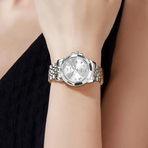 Image of OLEVS Womens Watch Fashion Diamond Analog Gifts Watches for Ladies Quartz Stainless Steel Casual Roman Waterproof Luminous Calendar Wristwatch
