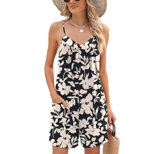 Rapbin Womens Summer Casual Sleeveless Rompers Spaghetti Strap Adjustable Loose Shorts Jumpsuit with Pockets XX-Large 01-black Apricot Floral