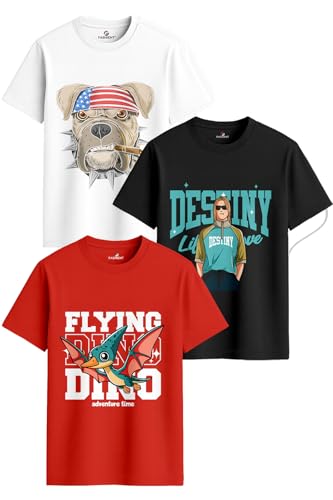 Image of Men's Regular Fit Printed T-Shirt Combo Pack of 3 | 100% Cotton Round Neck Half Sleeve Graphic Tees