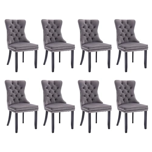 SoarFlash Juego de 8 Sillas de Comedor en Terciopelo, con Espaldar ala Acolchado, Remaches de Clavos, Forro Remachado, Aro Decorativo Trasero y Patas de Madera, Gris