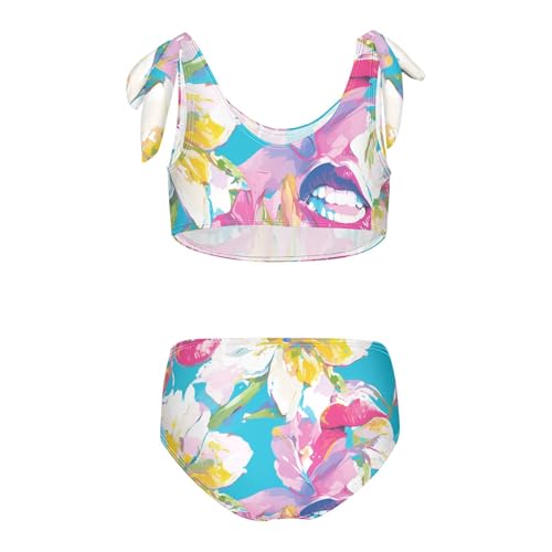 KLL Bright Floral Colorful Lips White Girl Two Piece Bikini Set Scoop Neck Swimsuits Swimwear Adjustable Strap2
