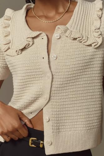VAOYIU Women's Ruffle Collar Knit Cardigan Short Sleeve Button Down Sweater Top Vintage Cropped Ribbed Summer Outerwear2