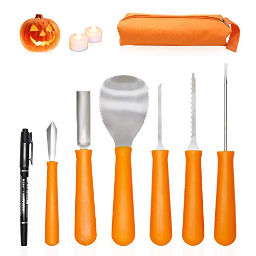 Exqline Halloween pompoensnijset 6-delig met draagtas, pompoensnijgereedschap van roestvrij staal voor pompoenen met Halloween lantaarn decoratie