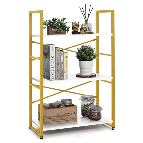 Image of CAPHAUS 3 Tier Small Bookshelf, 24 Inch Width Free Standing Shelf, Bookcase Shelf Storage Organizer, Industrial Book Shelves for Home Office, Living Room, White Wooden Shelves & Gold Frame