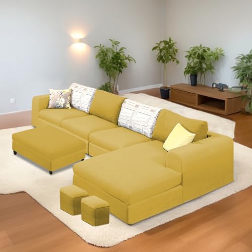 Image of Koza RHS 8 Seater L Shape Sofa Set with Center Table for Living Room (Yellow Fabric) Premium Fabric Sofa