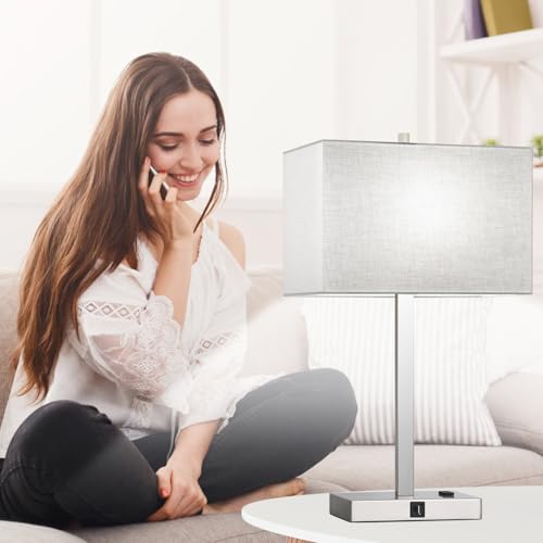 Image of Lynnoland 21 inch Set of 2 Table lamp with USB A+C & AC Outlets, Touch Control 3-Way Dimmable Nightstand Lamps for Bedroom Living Room Office Reading, Gray Shade Touch Lamps, 5000K LED Bulbs Included