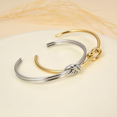 2pcs Stainless Steel Tie Knot Cuff Bangle for Women,Thin Wire Open Bangle Twist Knot Bridesmaid bracelet with 14k Real Gold Plated3
