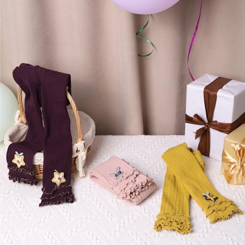 PAROLI Girls' cotton pantyhose double needle dual purpose crotch lace accessories with cute pattern bottom pantyhose（Pink Yellow Purple） size L4