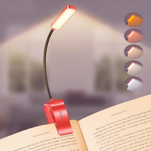 Gritin 30 LED Luz de Lectura Recargable, Luz Lectura Libros Cama con 2 Modo Iluminación & 5 Niveles Brillo y 5 Temperaturas Color, Atenuación Continua, Modo Memoria, 360° Flexible Lampara de Libro