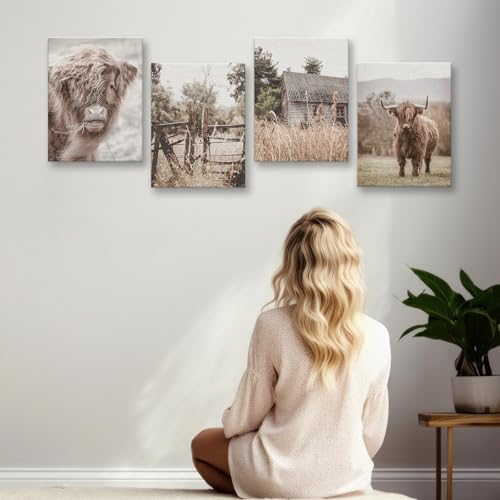 Image of Vintage Farm Cow Farmhouse Decor Cow Prints Canvas Wall Art Prints Pictures Wall Decor for Home Bedroom Office Bathroom Rustic Western Country Birthday Housewarming Gifts 4PCS,Framed,8x10IN