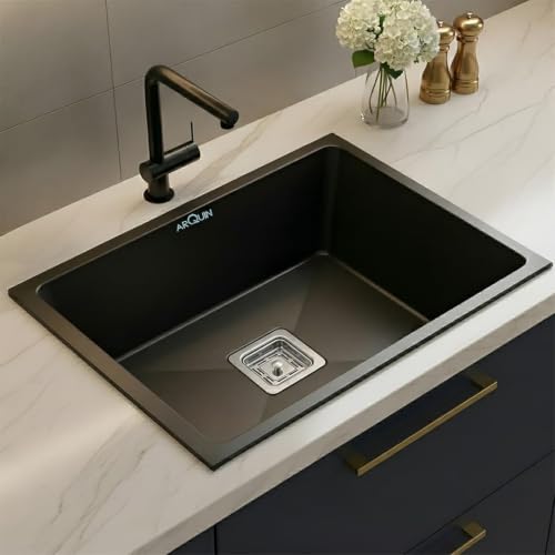 Image of ARQUIN Quartz Kitchen Sink 24x18x9 Inch Black | Single Bowl Quartz Sink For Kitchen | Durable & Scratch-Resistant | Undermount /Topmount Including Coupling, Waste Pipe & Fruit Washing Basket