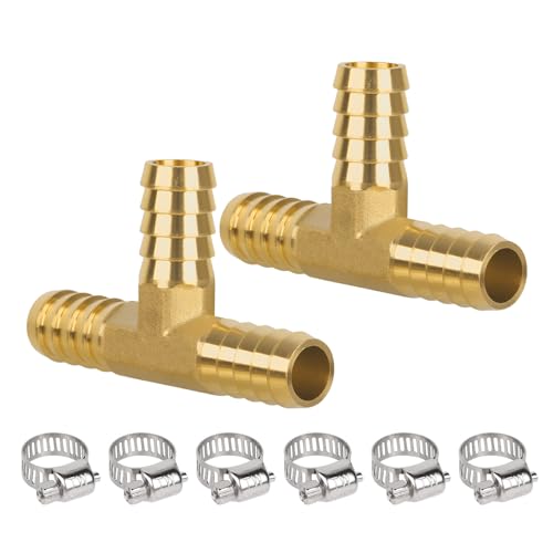 KAINGA 3/8 Hose Tee Barb Brass Hose Barb Fittings 3 Way Union Intersection Adapter for Air Water Fuel Systems Includes 6 Stainless Steel Clamps Leak-Resistant 2-Pack