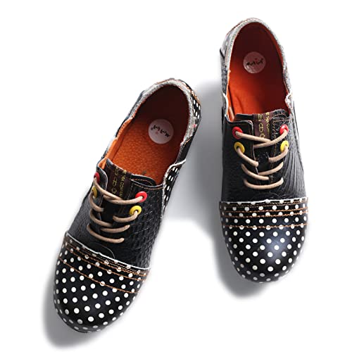 TMA EYES Women's Retro Polka Dot Leather Booties Low Heel Lace Up Women's Ankle Boots4