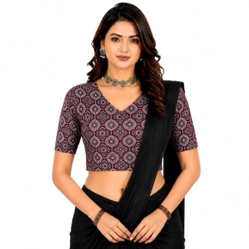 Image of Mogsa Women's Kalamkari Print Cotton Stretchable V-Neck Readymade Saree Blouse | Soft Cotton Blend | Stretch Fabric | Ready-to-Wear