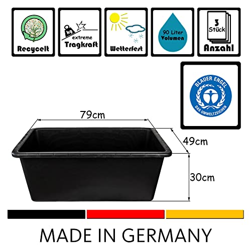 BigDean 3x Mörtelkasten 90 Liter Eckig Miniteich Baueimer - 79 x 49 x 30 cm - Speiswanne Zementwanne Mörtelwanne - Made in Germany - Blauer Engel