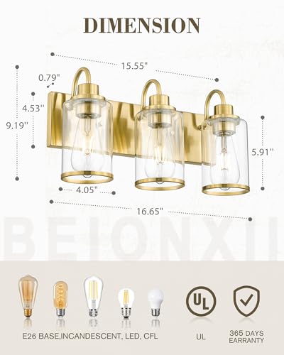 Image of Beionxii Bathroom Vanity Light, 3 Light Gold Bathroom Light Fixtures with Clear Glass Shade, Modern Vanity Lighting Fixtures Over Mirror, Living Room, Hallway, BX-VL01BG-3CG