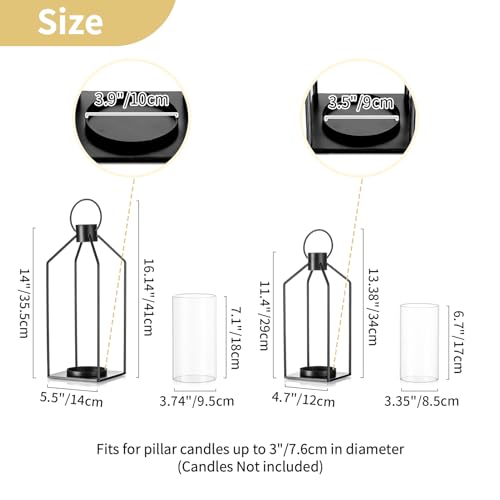 Nuptio Decorative Lantern Candle Holder: 2 Pcs Glass Hurricane Pillar Candles Holders Rustic Black Metal Hanging Lanterns Decor For Outdoor Wedding Farmhouse Home Fireplace Christmas Halloween thumb #5