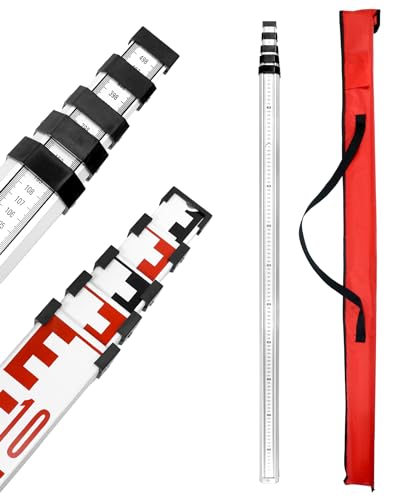 QWORK® Tige Telescopique Niveau Laser à 5 sections, Hauteur maximale de 5m, Mire Télescopique en Aluminium avec Niveau à Bulle Amovible