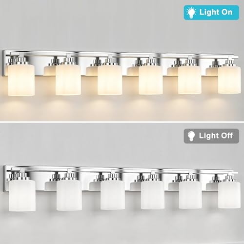 Image of Modern Bathroom Lighting Fixtures Over Mirror, Vanity Lights for Bathroom, Wall Sconces with Milky White Glass Shades, E26 Ceramic Socket, 6-Light 43-inch Chrome