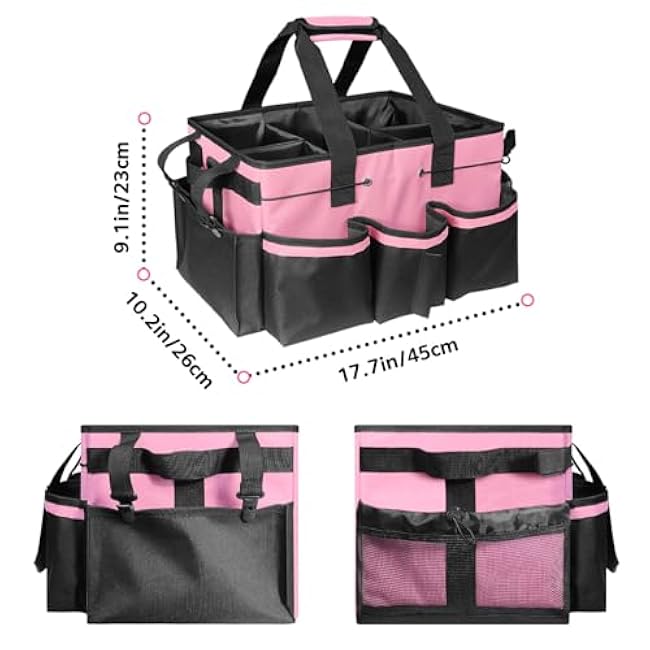 Boczif Cleaning Caddy Bag Wearable, Cleaning Caddy Supplies Organizer with Handle, Shoulder Straps & Detachable Divide, Cleaning Tool Organizers Tote Bag for Cleaners & Housekeepers(Pink)