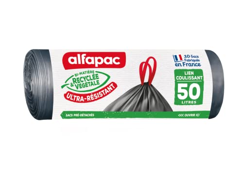 alfapac - 10 sacs-poubelle 50L à lien coulissant ultra-résistant - fabriqués en France - bi-matière recyclée & végétale