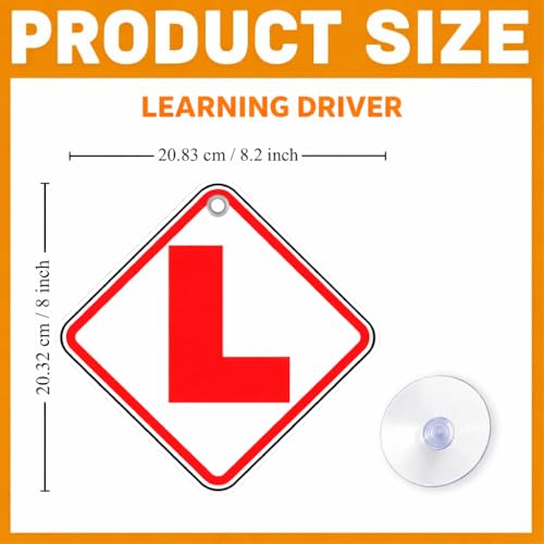 Image of Learning Driver L Board Car Hanging Sign with Suction Cup, Diamond Shape Red & White Learner Driver Sign, 300 GSM Premium Board, Double Side Rrint, Reusable Vehicle Display, 20.32 x 20.83 cm