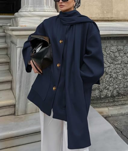 chouyatou Women's Casual Single Breasted Wool Coat with Scarf Office Work Wool Blend Trench Pea Coat Overcoat2