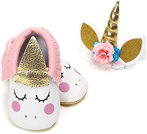 PanGa Baby Boys Girls Mary Jane Shoes with Unicorn Headband Soft Sole Non-Slip Toddler Party Dress Shoes (12-18 Months Pink)