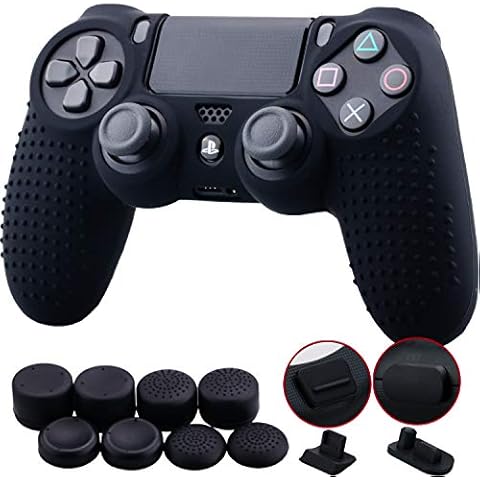 9CDeer 1 Piece of Silicone Studded Dots Protective Sleeve Case Cover Skin + 8 Thumb Grips Analog Caps + 2 dust proof plugs for PS4/Slim/Pro Dualshock 4 Controller, Black Cover