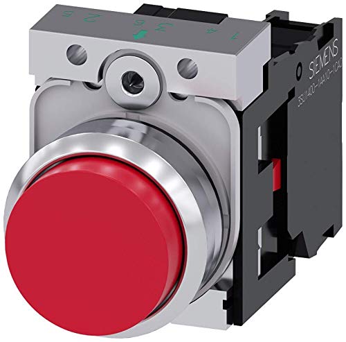 Siemens 3SU11500BB201CA0 Pushbutton, 5to500volts, Plastic & Metal, IP66, IP67, IP69K Protection Rating, Shiny Metal, 22mm, Red