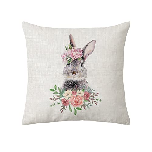 Negi Flowering Shrubs Bunny Farmhouse Pillow Covers 18X18, Rabbit Pillow Case Couch Pillow Covers, Spring Throw Pillow Cover For Sofa Office Bedroom Living Room Decor #TOP11