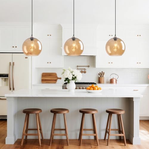Image of Amber Glass Pendant Lights Kitchen Island Globe Pendant Light Fixtures Modern Pendant Lighting for Bedroom Living Dining Room Light Fixture (9.84 in, 3 Pack)