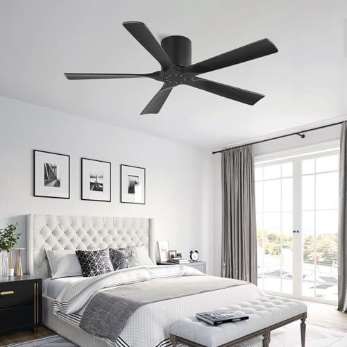 ELEHINSER 52 Inch Flush Mount Ceiling Fan without Light, Low Profile Modern Ceiling Fan with Remote, Quiet DC Motor, 6-Speed, Timer, 5 Solid Wood Blades, Black by ELEHINSER - Image 2